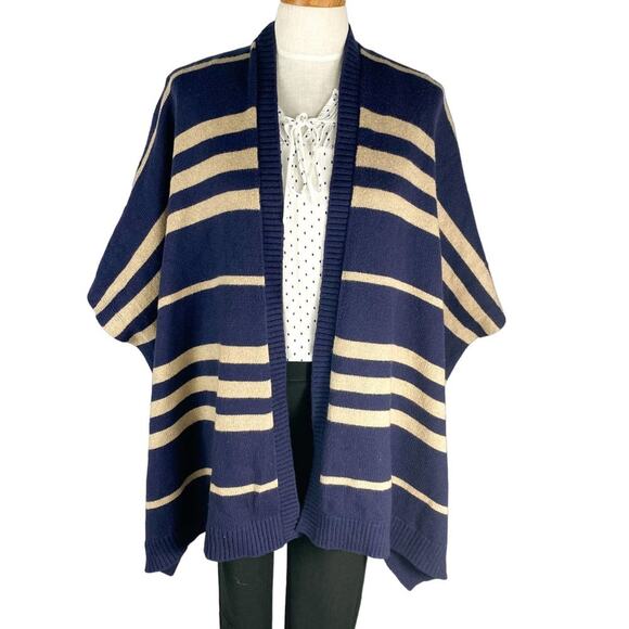 Gap Women Kimono Blanket Cardigan Sweater OS Navy Cotton Wool Blend Nautical - Picture 1 of 8